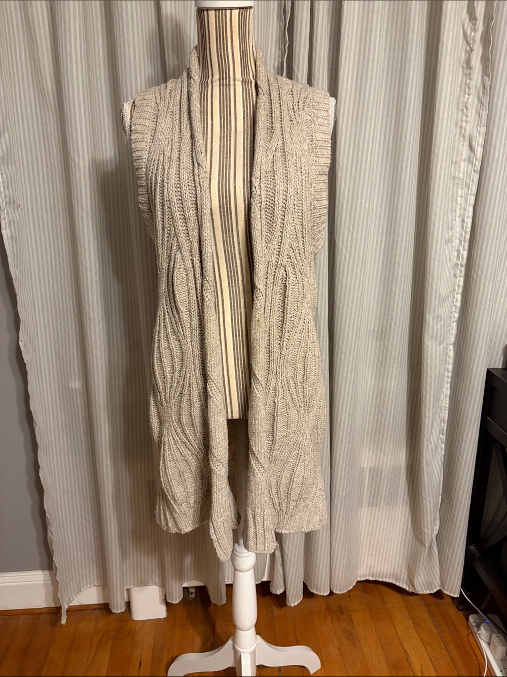 Cabi Beige Cable-Knit Sleeveless Open Cardigan - Women Sweater